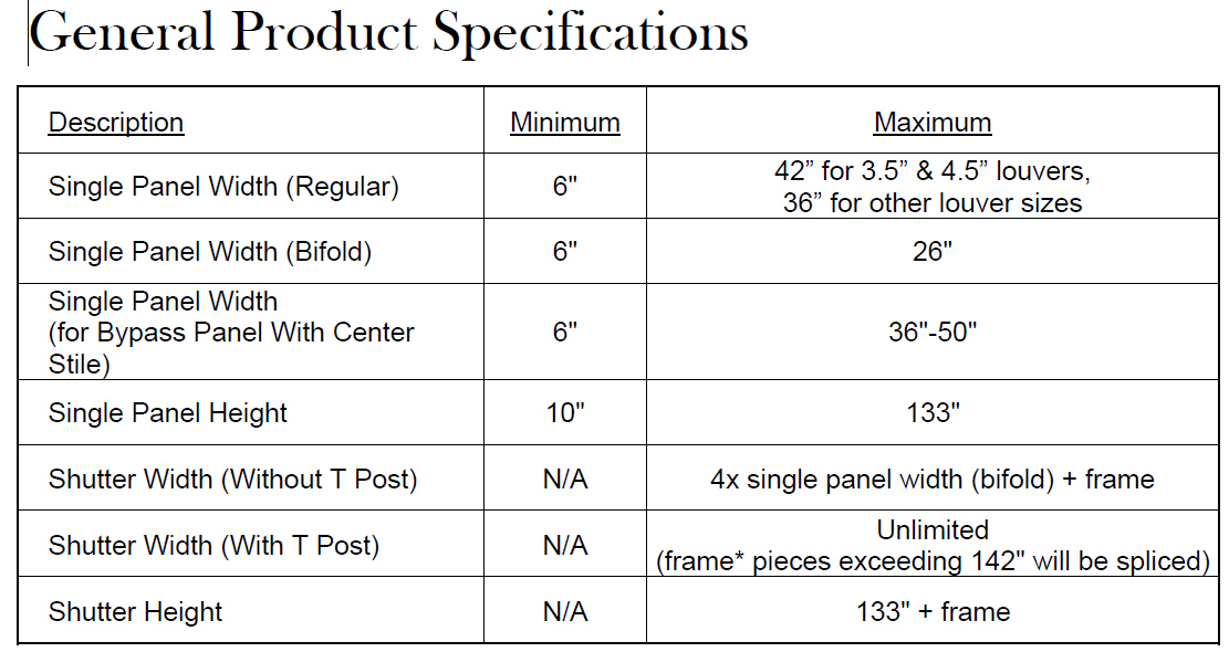 Norman Shutters Normandy Shutters spec sheet