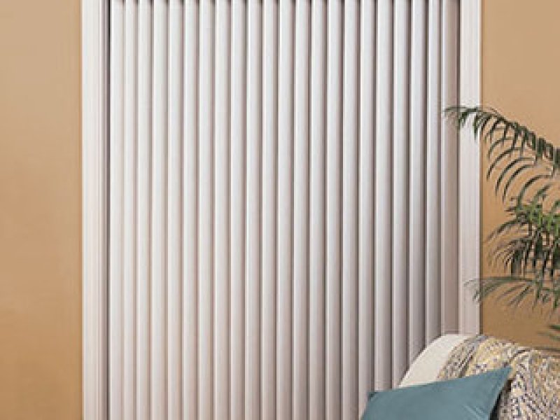 Mariak Vail Vinyl vertical blinds with all washable vinyl texture.